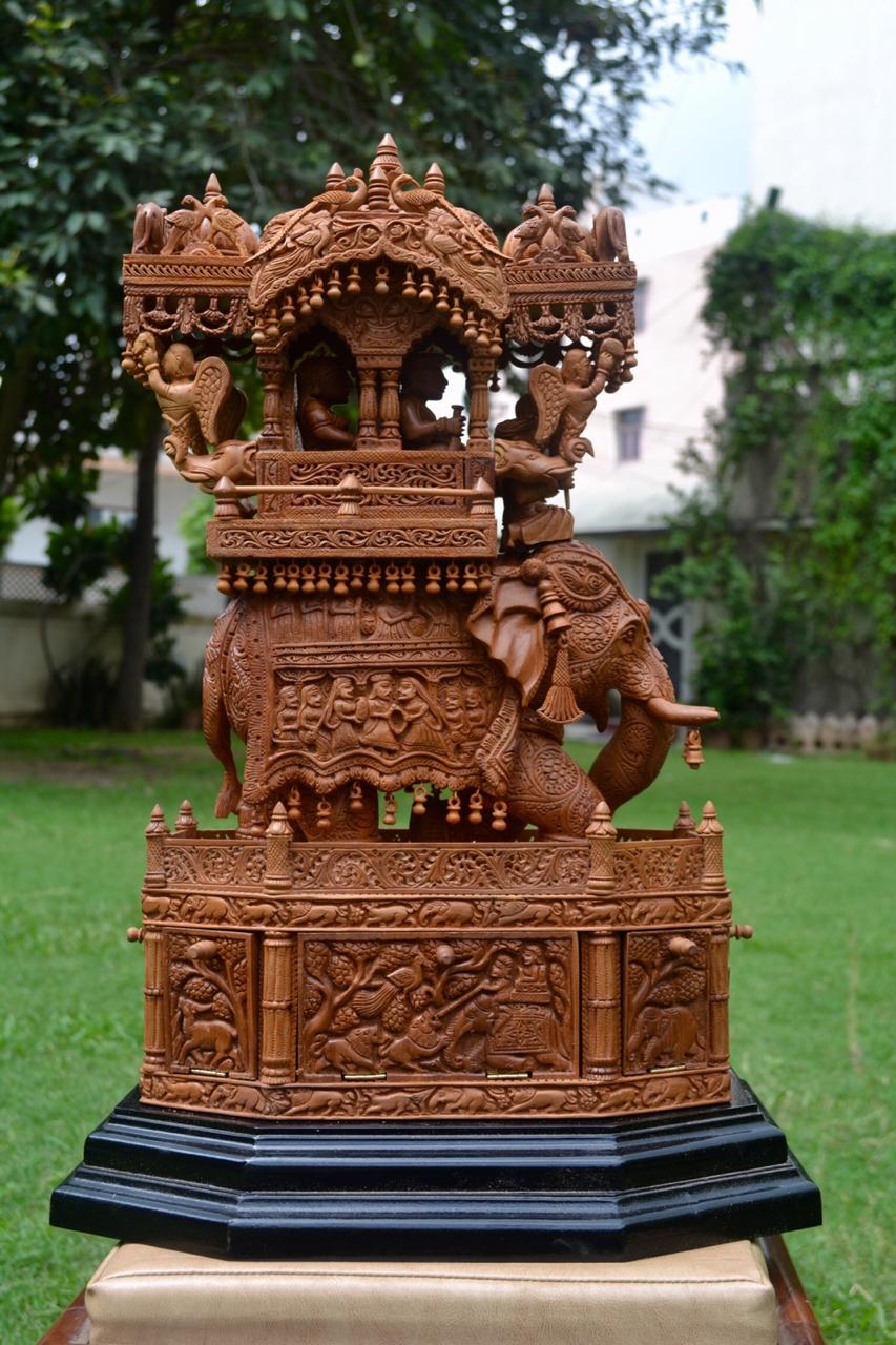Sandalwood Fine Carved Royal Elephant Ambabari with Opening Base