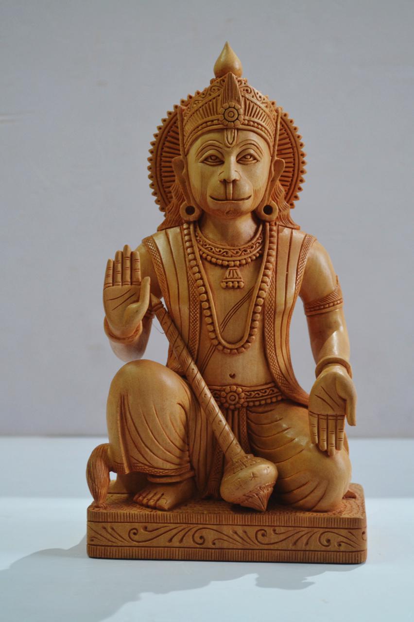 Special Fine Carved Wooden Sitting Lord Hanuman Statue - Malji Arts