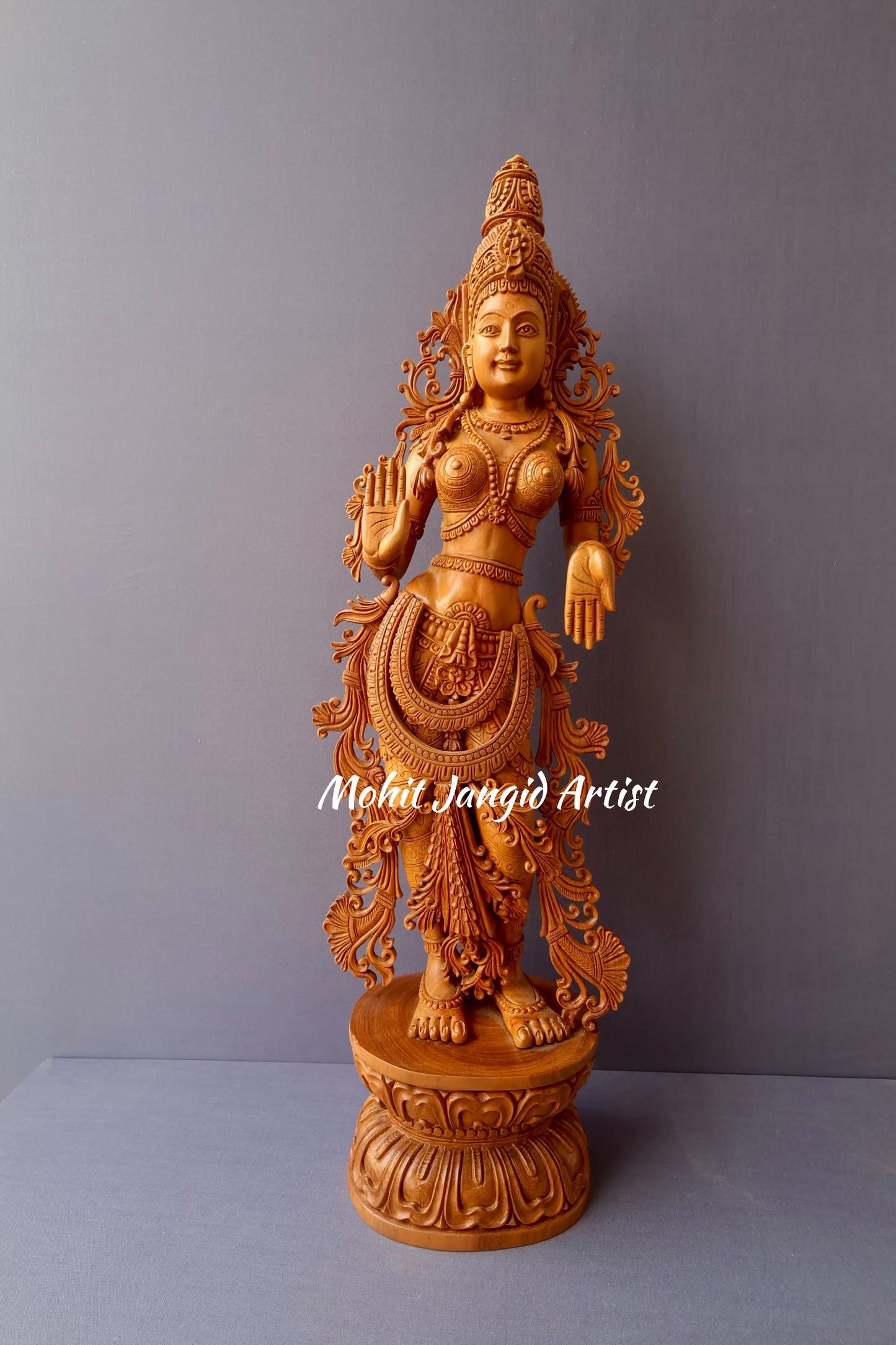 Unique Sandalwood Carved Hindu Goddess Laxmi Idol