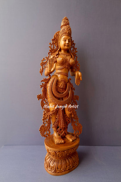 Unique Sandalwood Carved Hindu Goddess Laxmi Idol