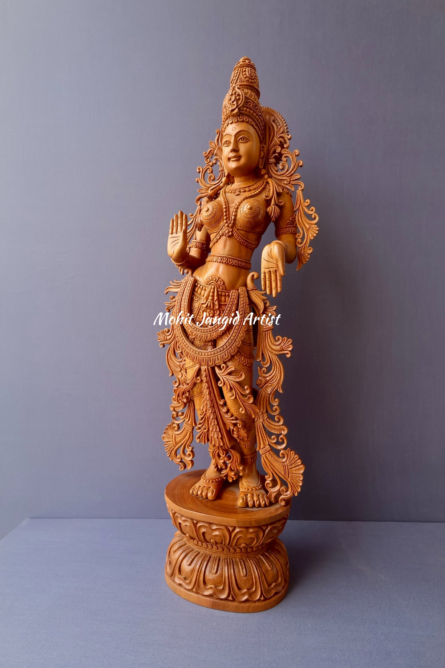 Unique Sandalwood Carved Hindu Goddess Laxmi Idol