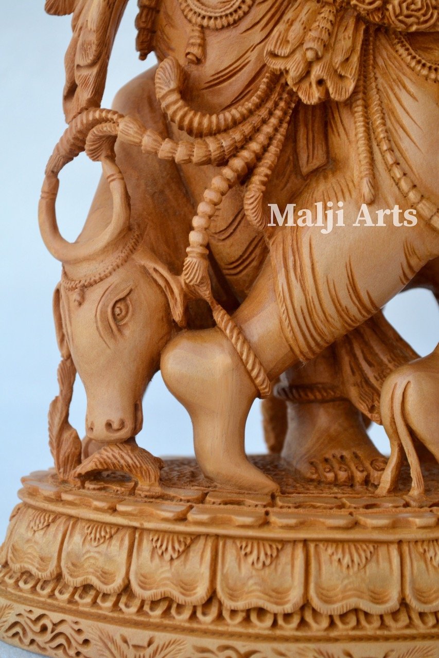 Standing Krishna Statue with Cow Wooden Fine Hand Carved Statue - Malji Arts