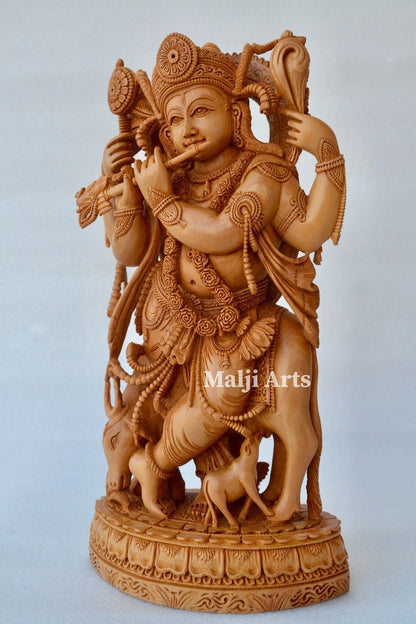 Standing Krishna Statue with Cow Wooden Fine Hand Carved Statue - Malji Arts