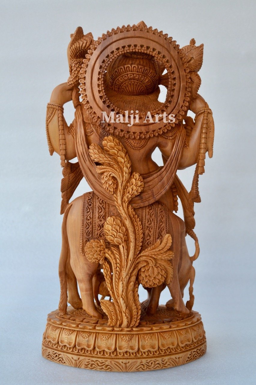 Standing Krishna Statue with Cow Wooden Fine Hand Carved Statue - Malji Arts