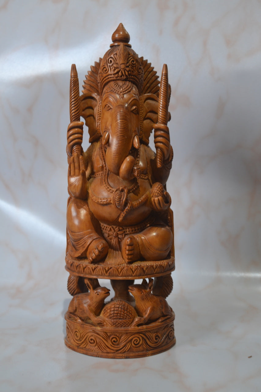 Sandalwood Solid Round Fine hand carved Ganesha Statue - Malji Arts