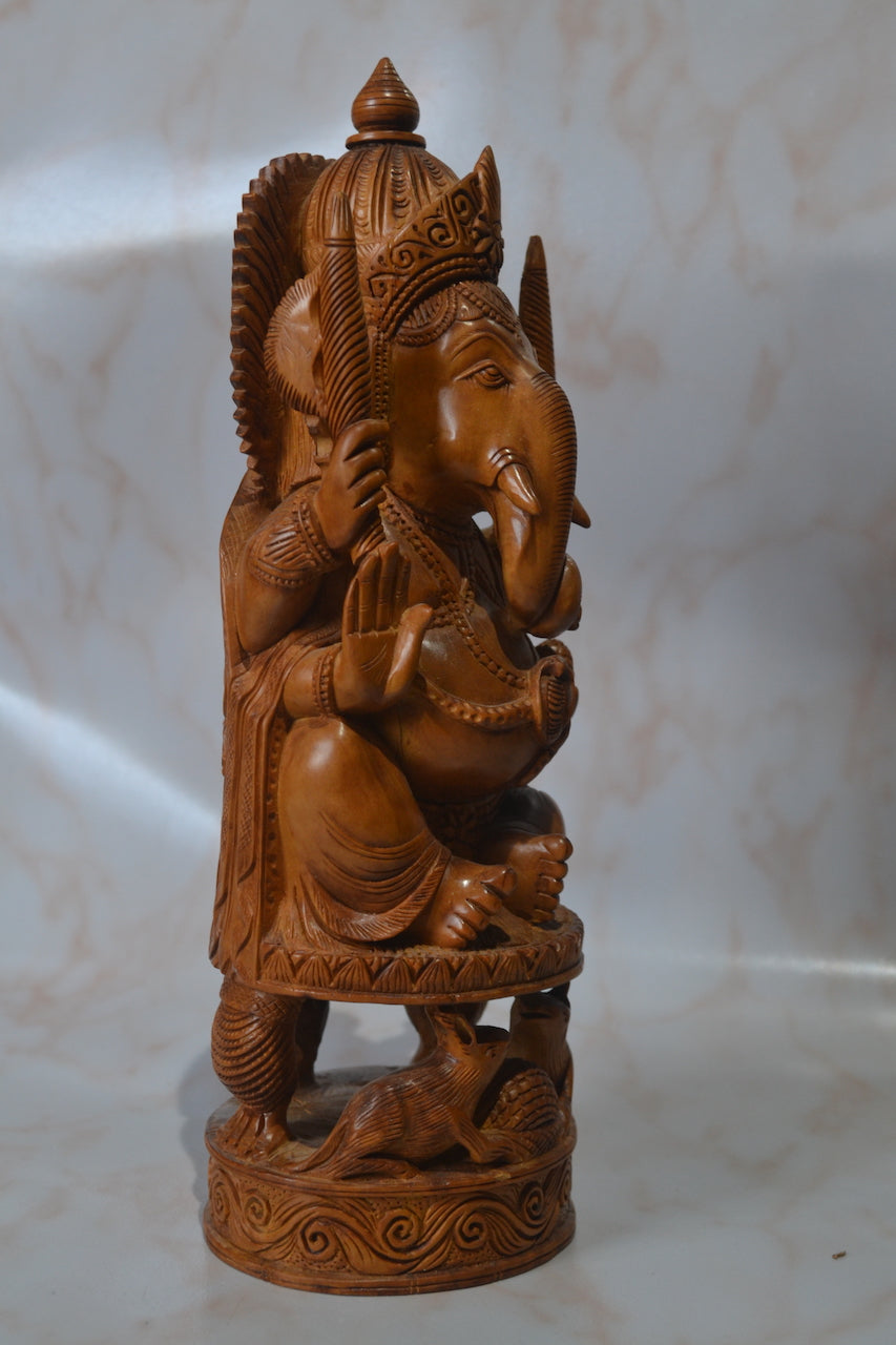 Sandalwood Solid Round Fine hand carved Ganesha Statue - Malji Arts