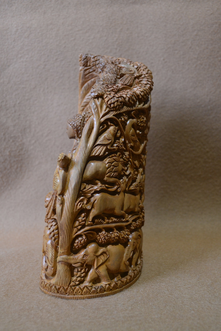 Sandalwood Solid Fine Carved Jungle and Buddha Meditation Scene - Malji Arts