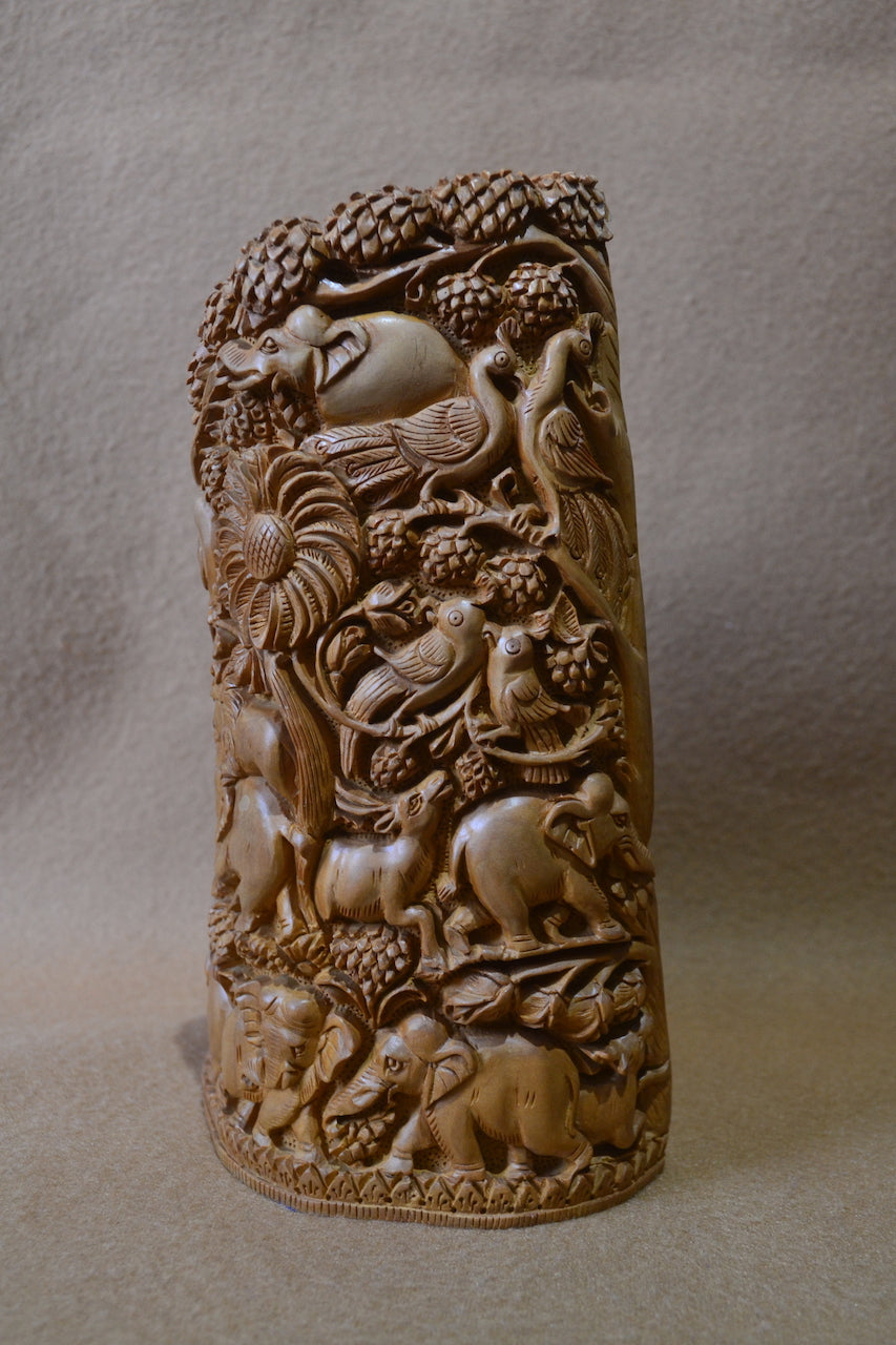 Sandalwood Solid Fine Carved Jungle and Buddha Meditation Scene - Malji Arts