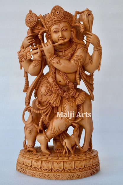 Standing Krishna Statue with Cow Wooden Fine Hand Carved Statue - Malji Arts