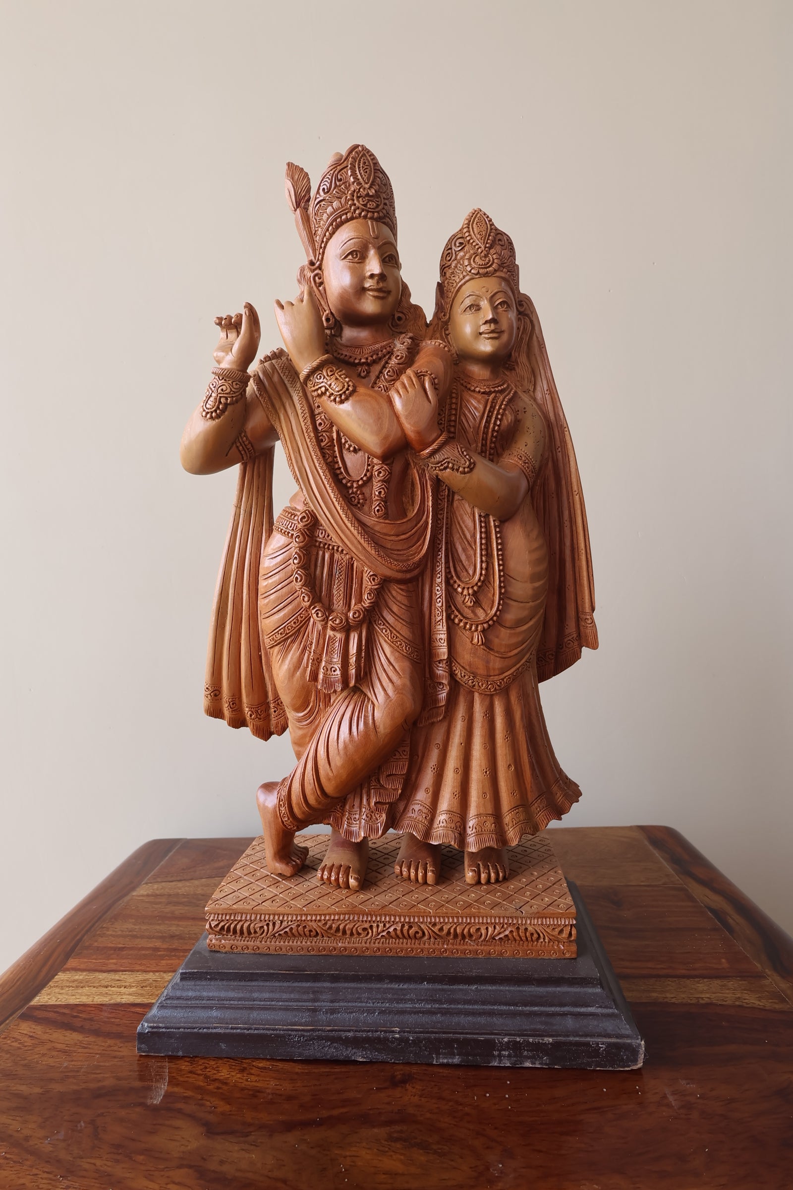 Sandalwood Special Carved Radha Krishna Statue Smiling Face - Malji Arts