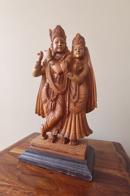 Sandalwood Special Carved Radha Krishna Statue Smiling Face - Malji Arts