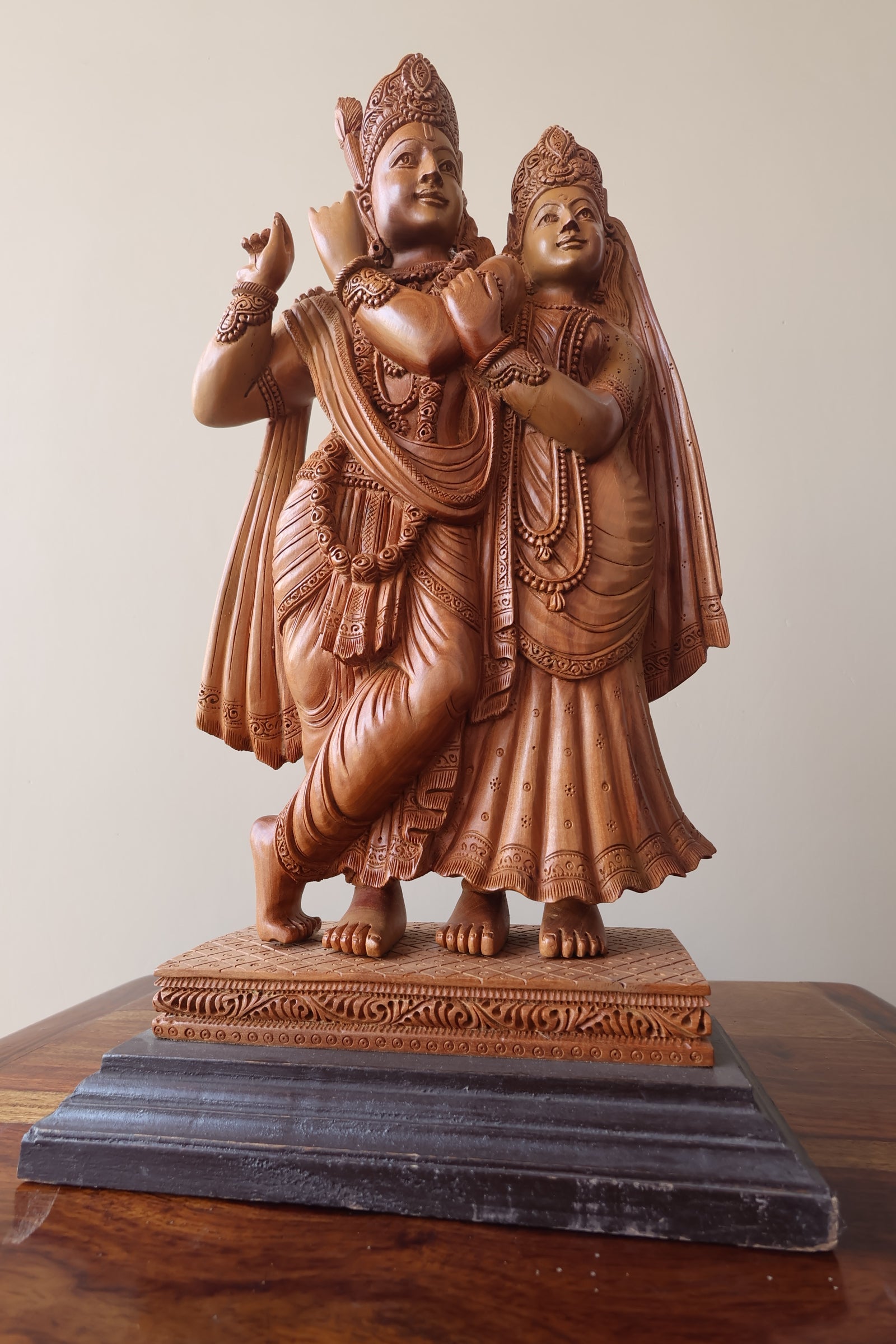 Sandalwood Special Carved Radha Krishna Statue Smiling Face - Malji Arts