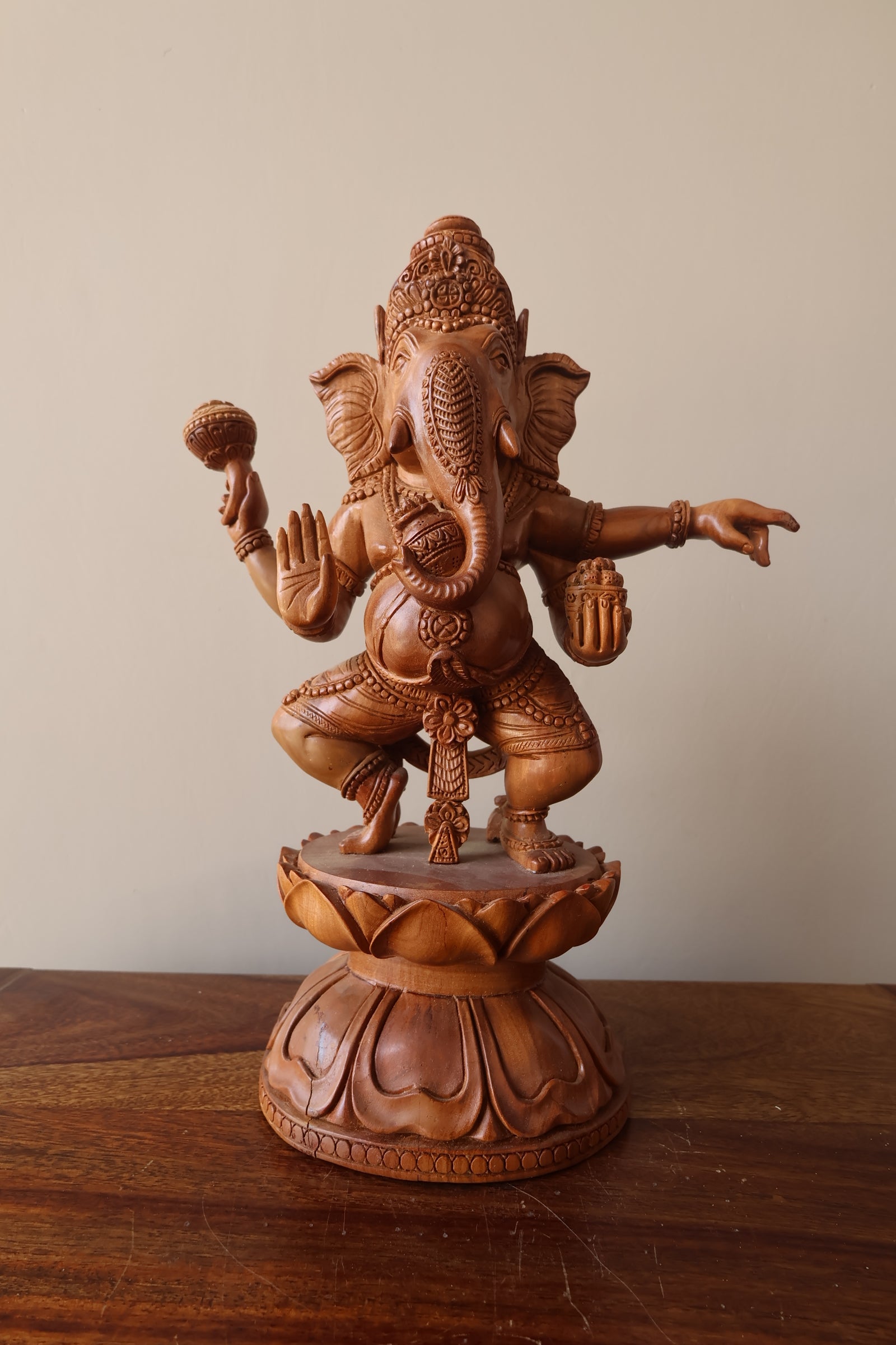 Vintage Sandalwood Carved Rare Lord Ganesha Dancing Statue - Malji Arts