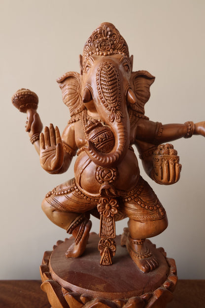 Vintage Sandalwood Carved Rare Lord Ganesha Dancing Statue - Malji Arts