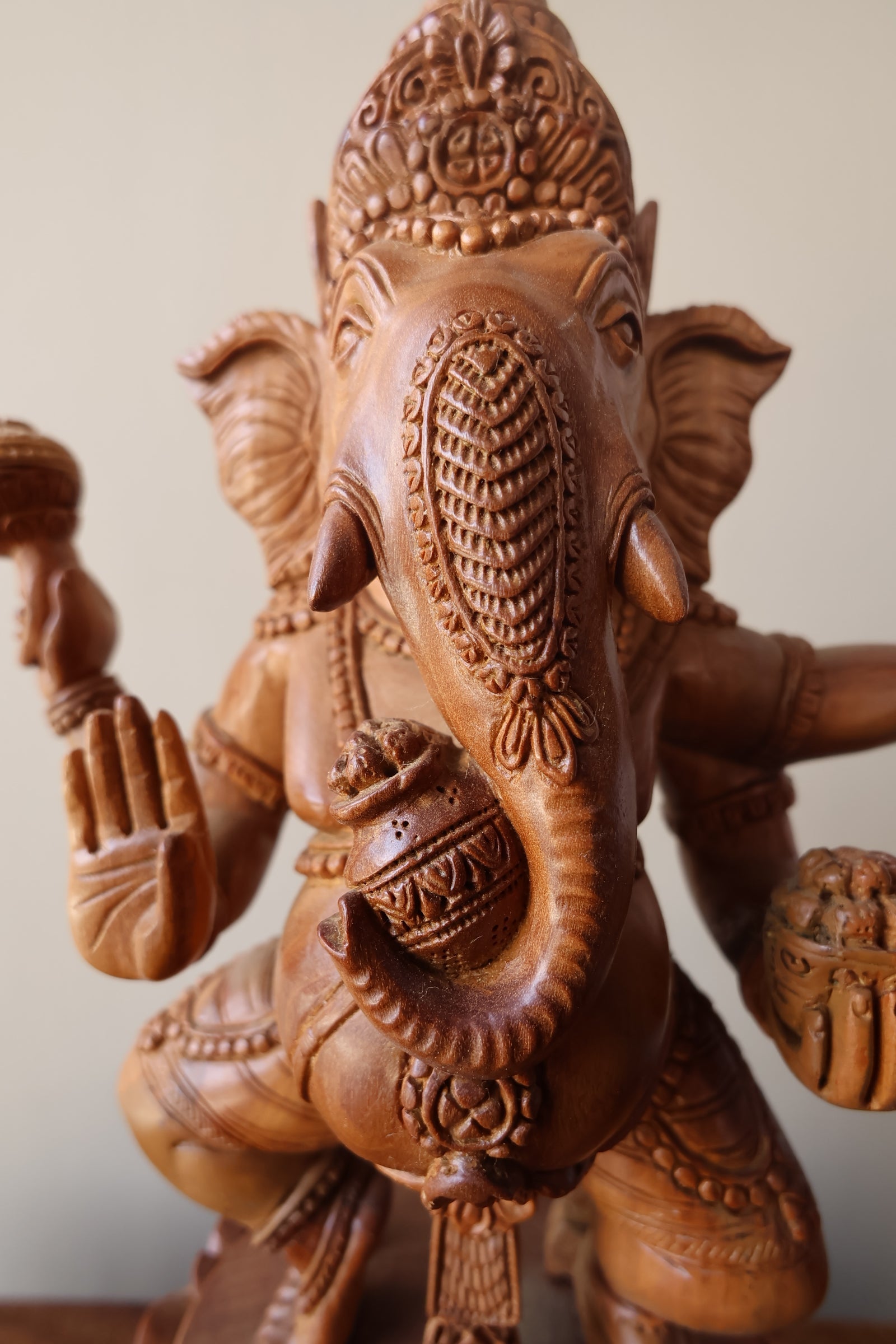 Vintage Sandalwood Carved Rare Lord Ganesha Dancing Statue - Malji Arts