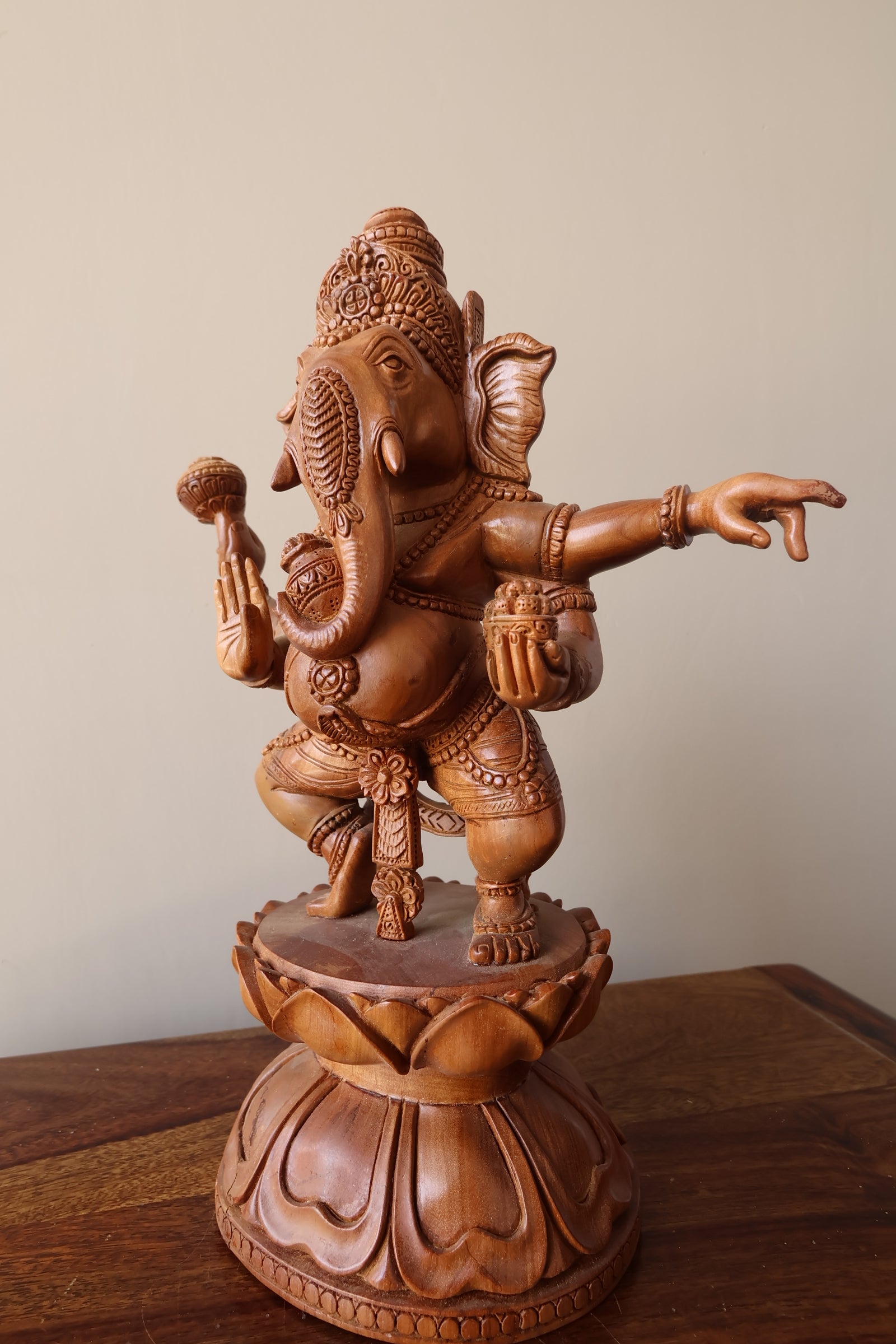 Vintage Sandalwood Carved Rare Lord Ganesha Dancing Statue - Malji Arts