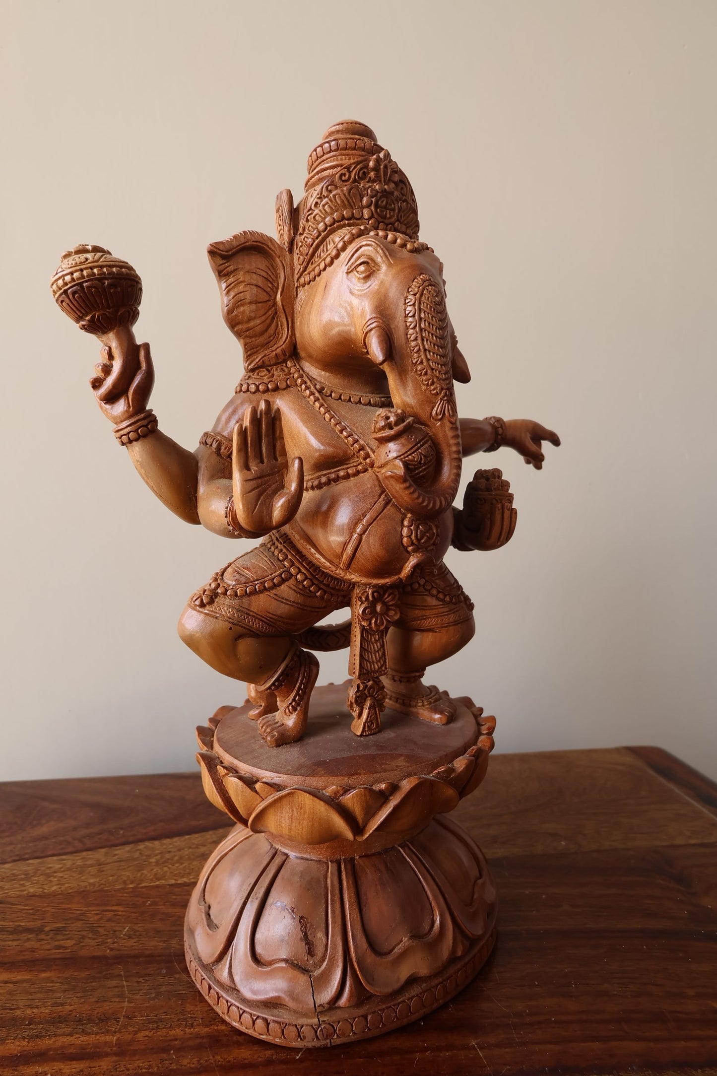 Vintage Sandalwood Carved Rare Lord Ganesha Dancing Statue - Malji Arts