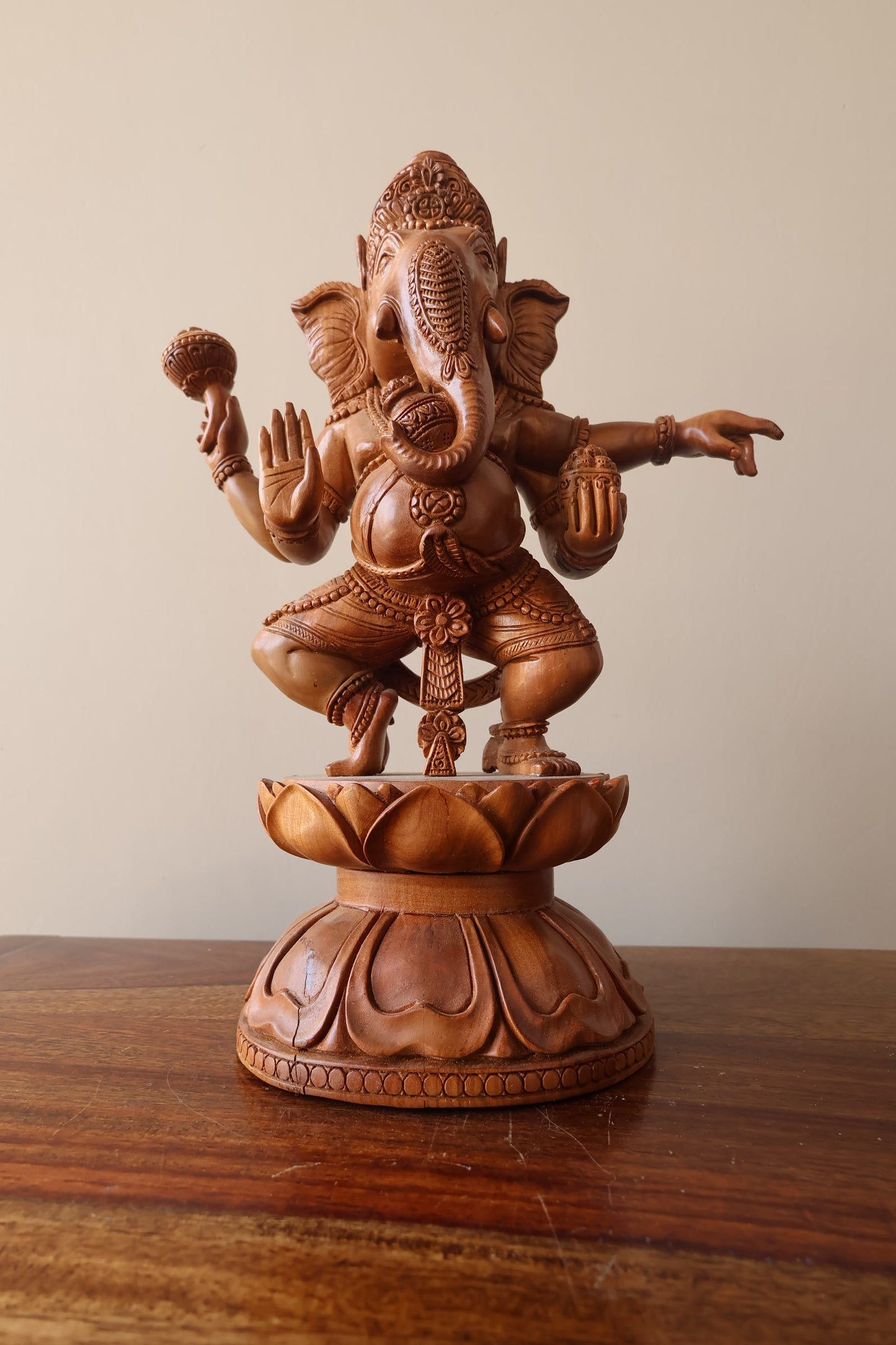 Vintage Sandalwood Carved Rare Lord Ganesha Dancing Statue - Malji Arts