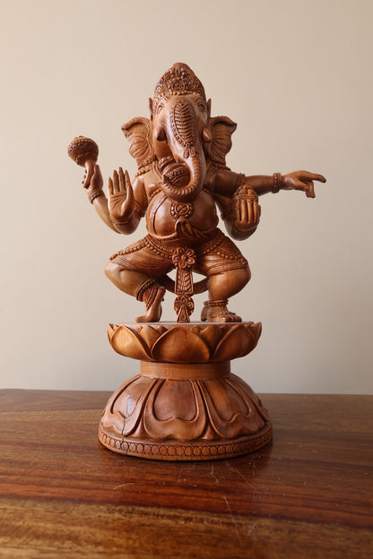 Vintage Sandalwood Carved Rare Lord Ganesha Dancing Statue - Malji Arts