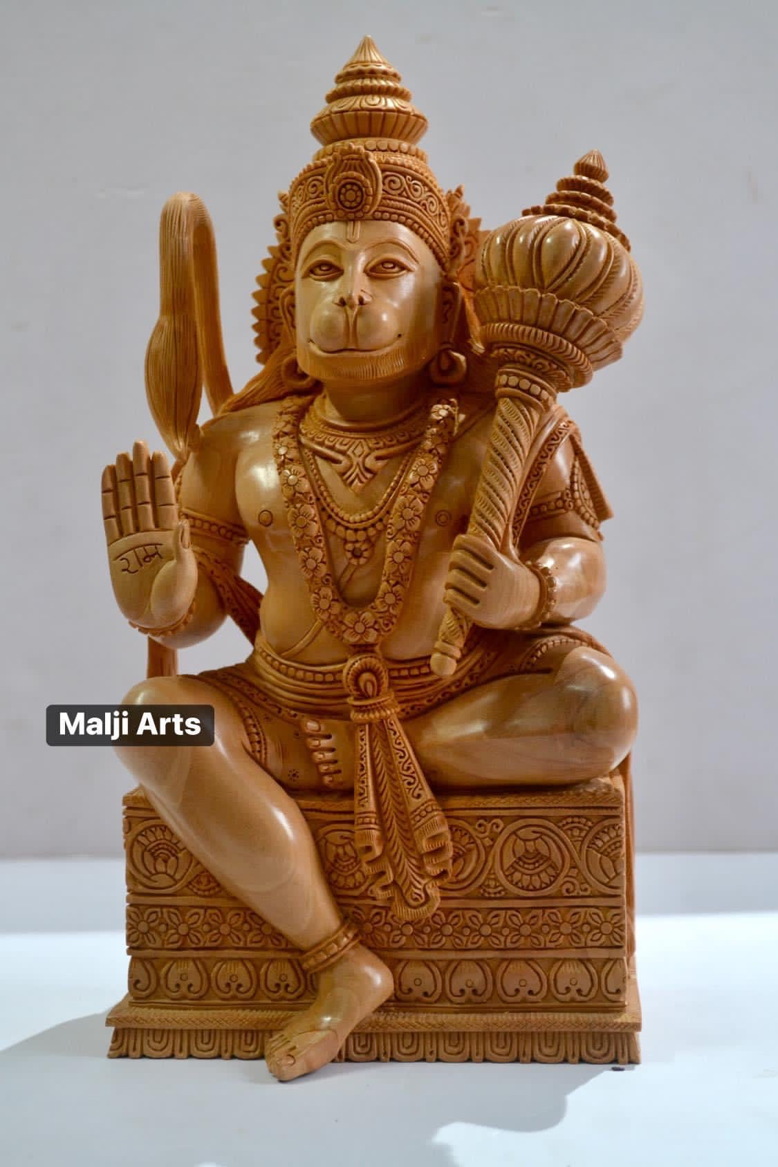 Special Fine Hand Carved Wooden Lord Hanuman Statue - Malji Arts