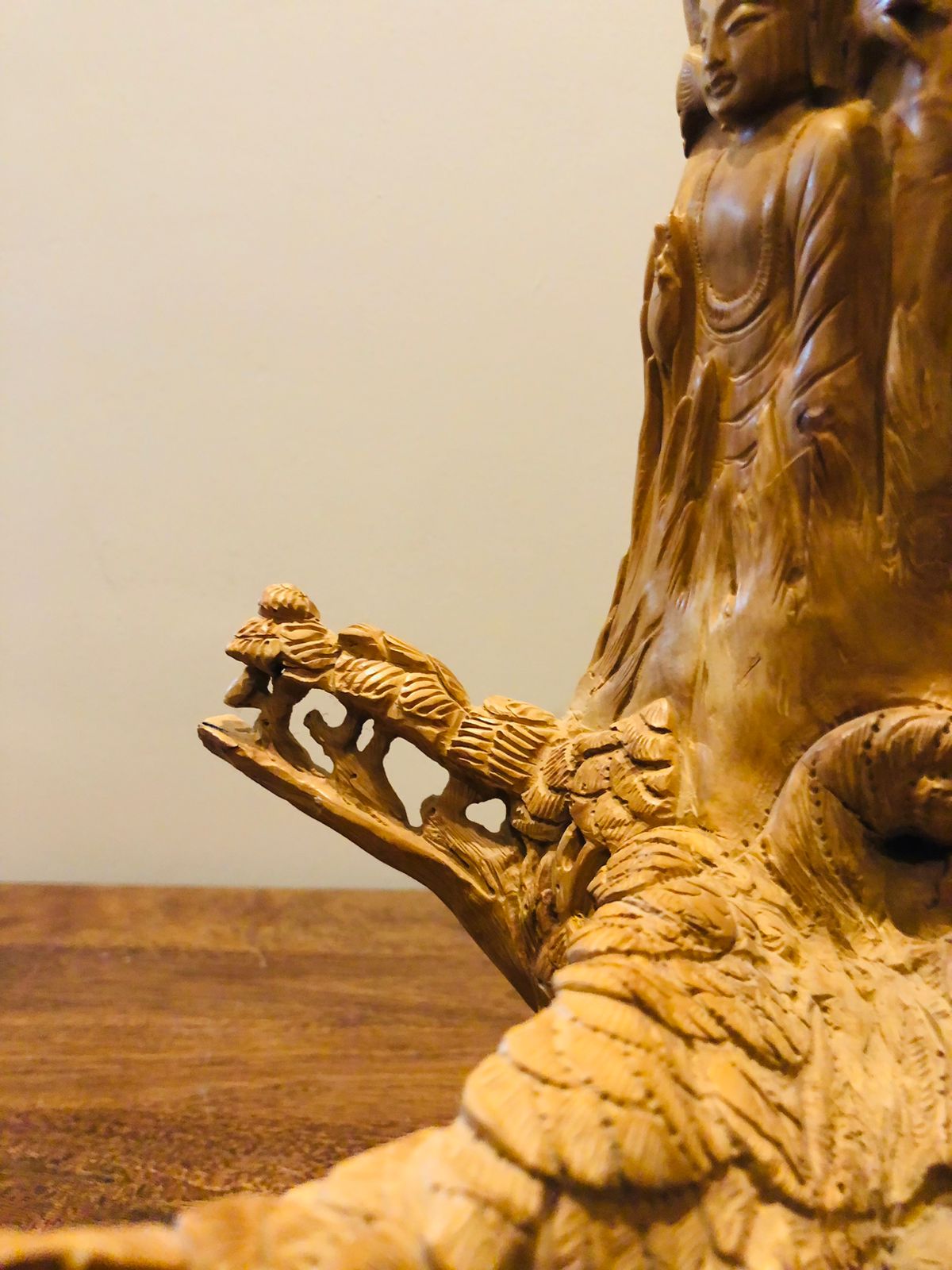 Sandalwood Root Fine Carved Jungle and Buddha Meditation Scene - Malji Arts