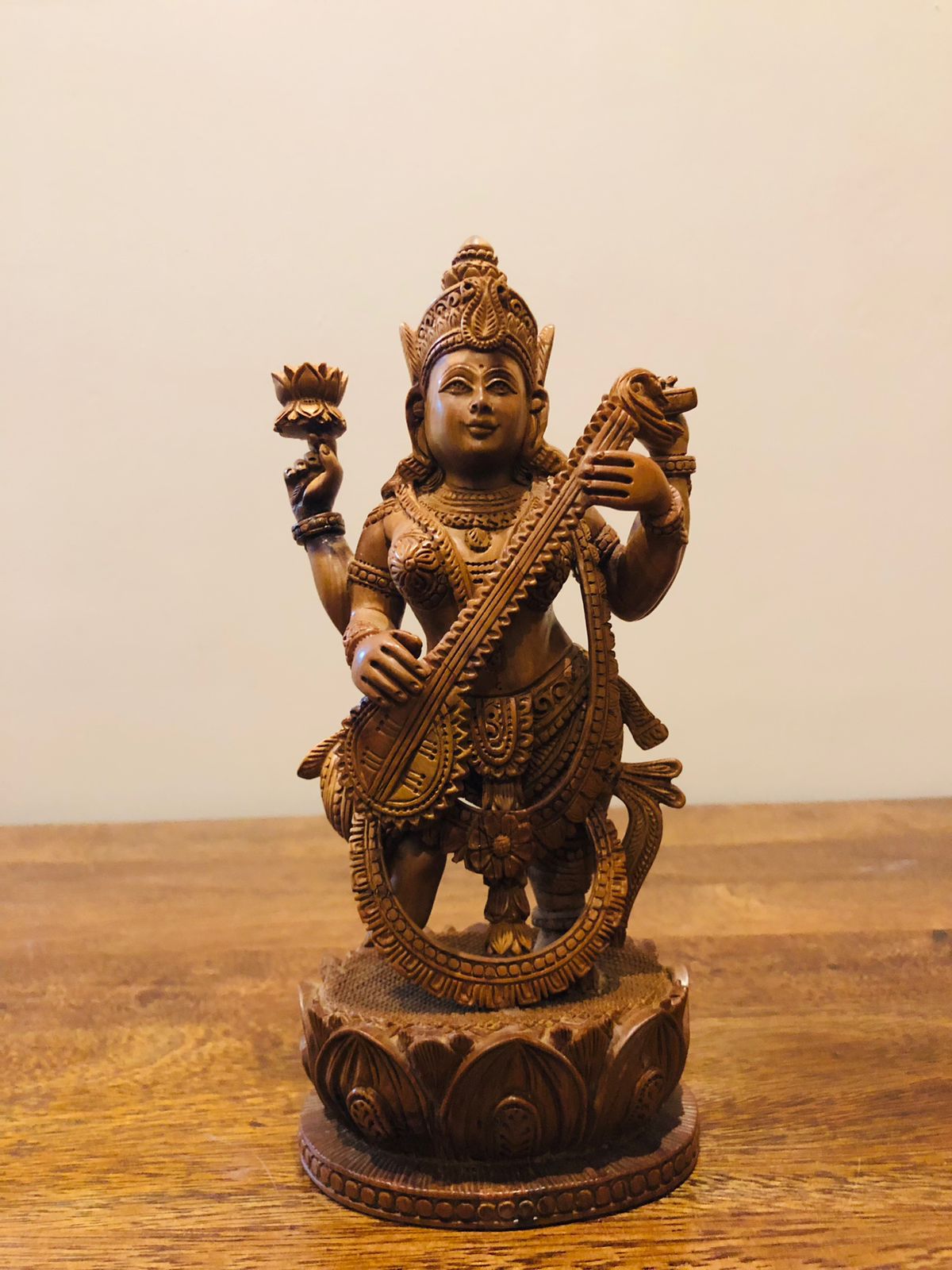 sandalwood Special Carved Sitting Goddess Saraswati Statue - Malji Arts