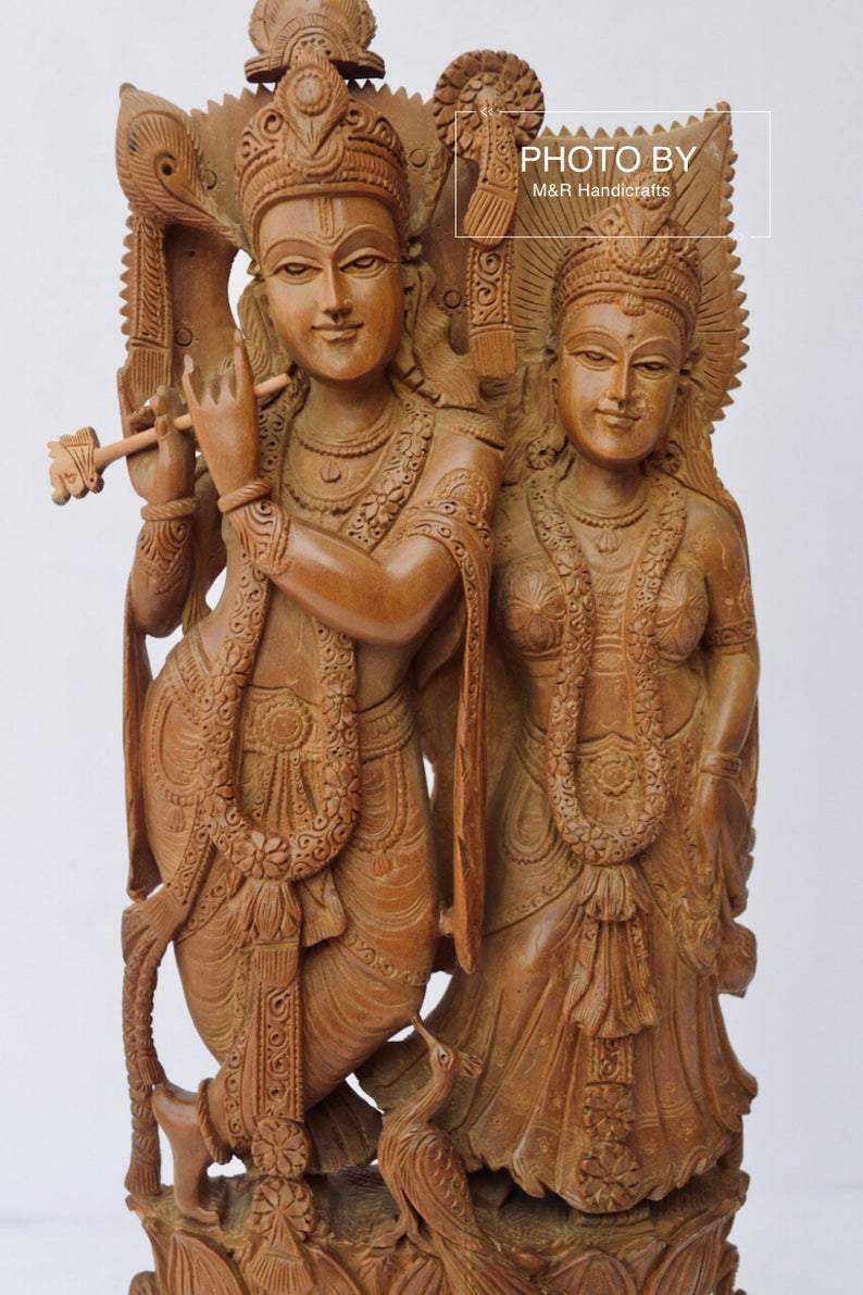 Vintage Sandalwood Beautifully Carved Radha Krishna Statue - Malji Arts