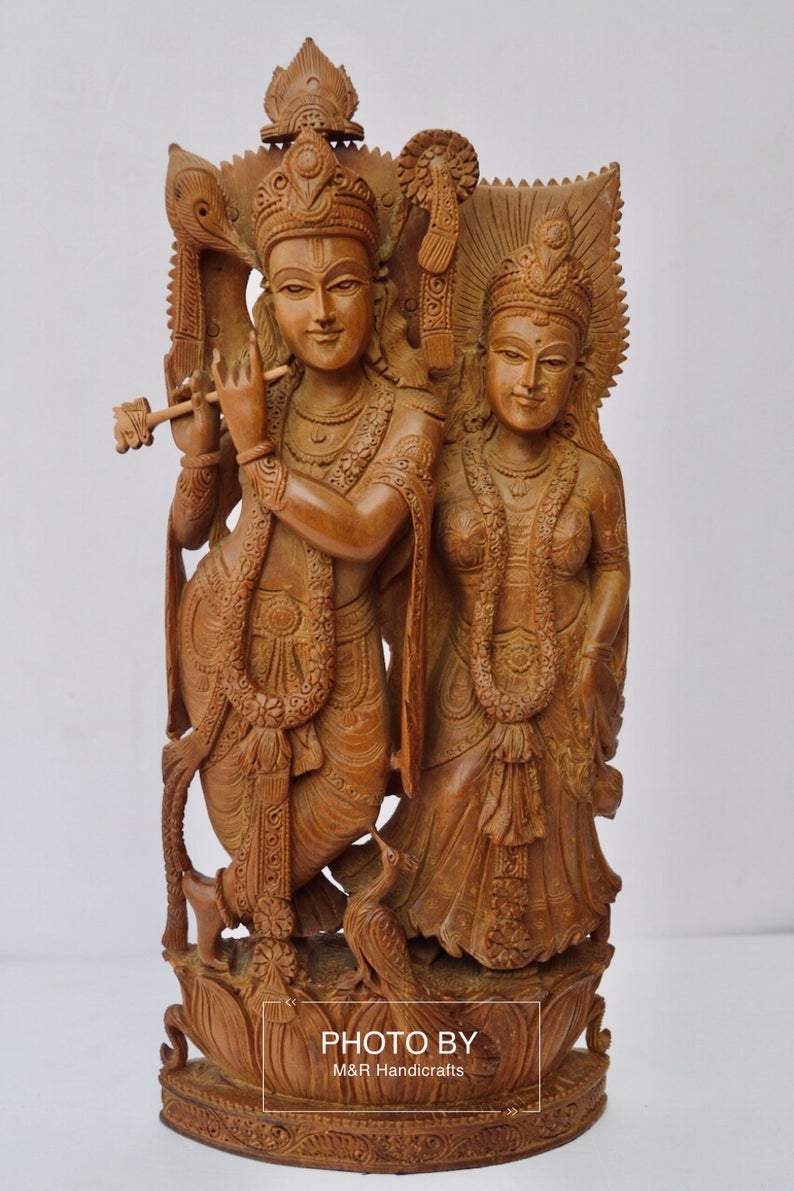 Vintage Sandalwood Beautifully Carved Radha Krishna Statue - Malji Arts