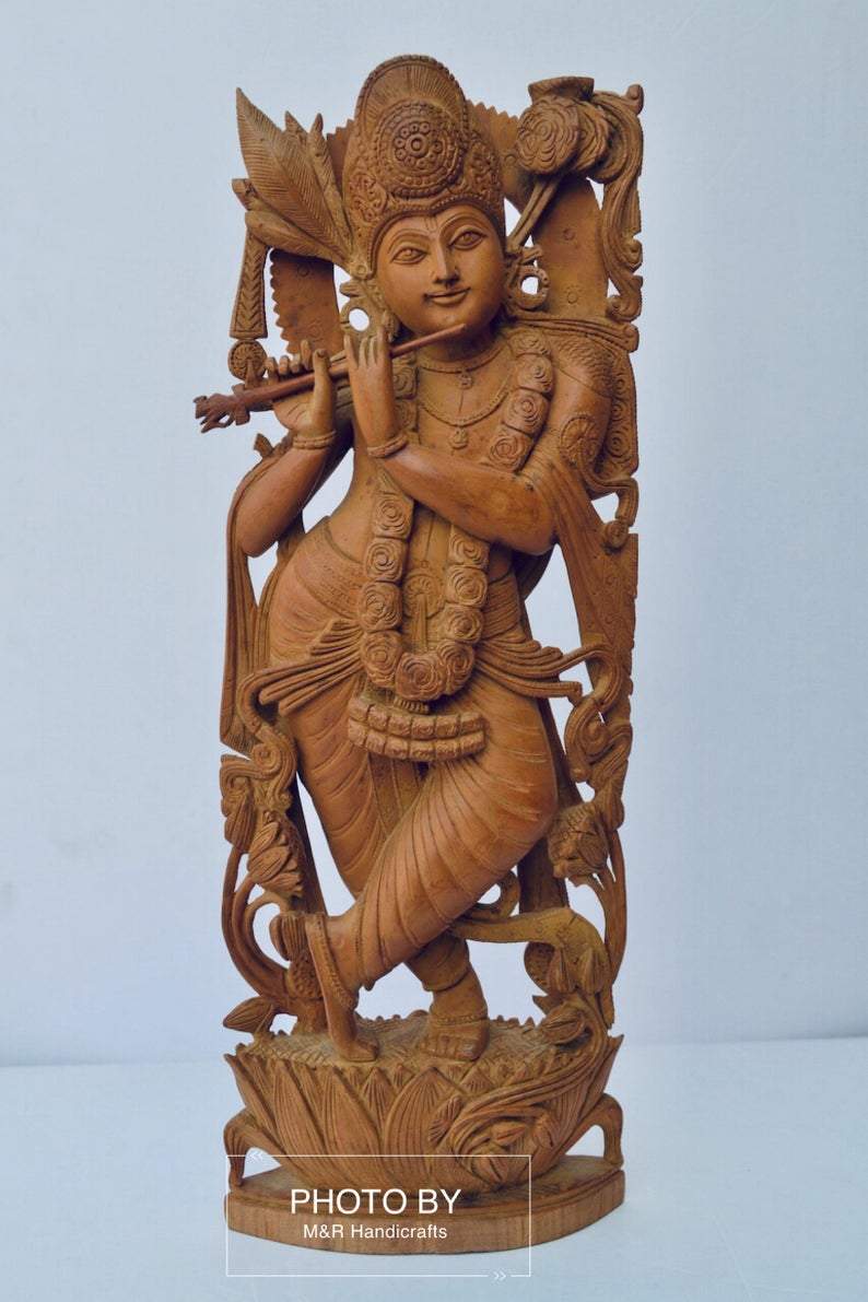 Vintage Sandalwood Carved Lord Krishna statue - Malji Arts