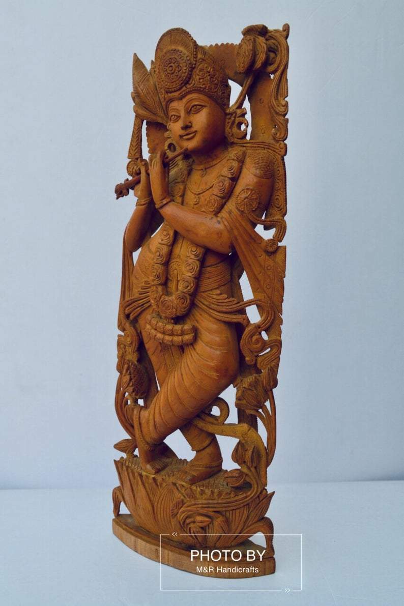 Vintage Sandalwood Carved Lord Krishna statue - Malji Arts