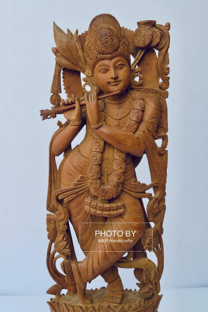 Vintage Sandalwood Carved Lord Krishna statue - Malji Arts