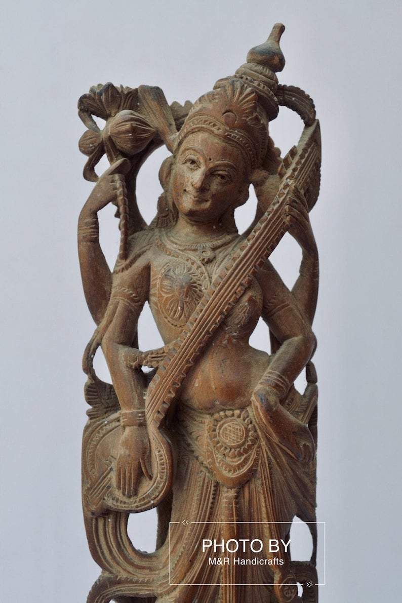 Vintage Sandalwood Carved Rare Goddess Saraswati Statue - Malji Arts