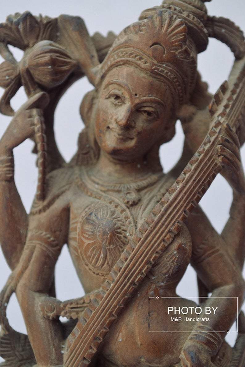 Vintage Sandalwood Carved Rare Goddess Saraswati Statue - Malji Arts