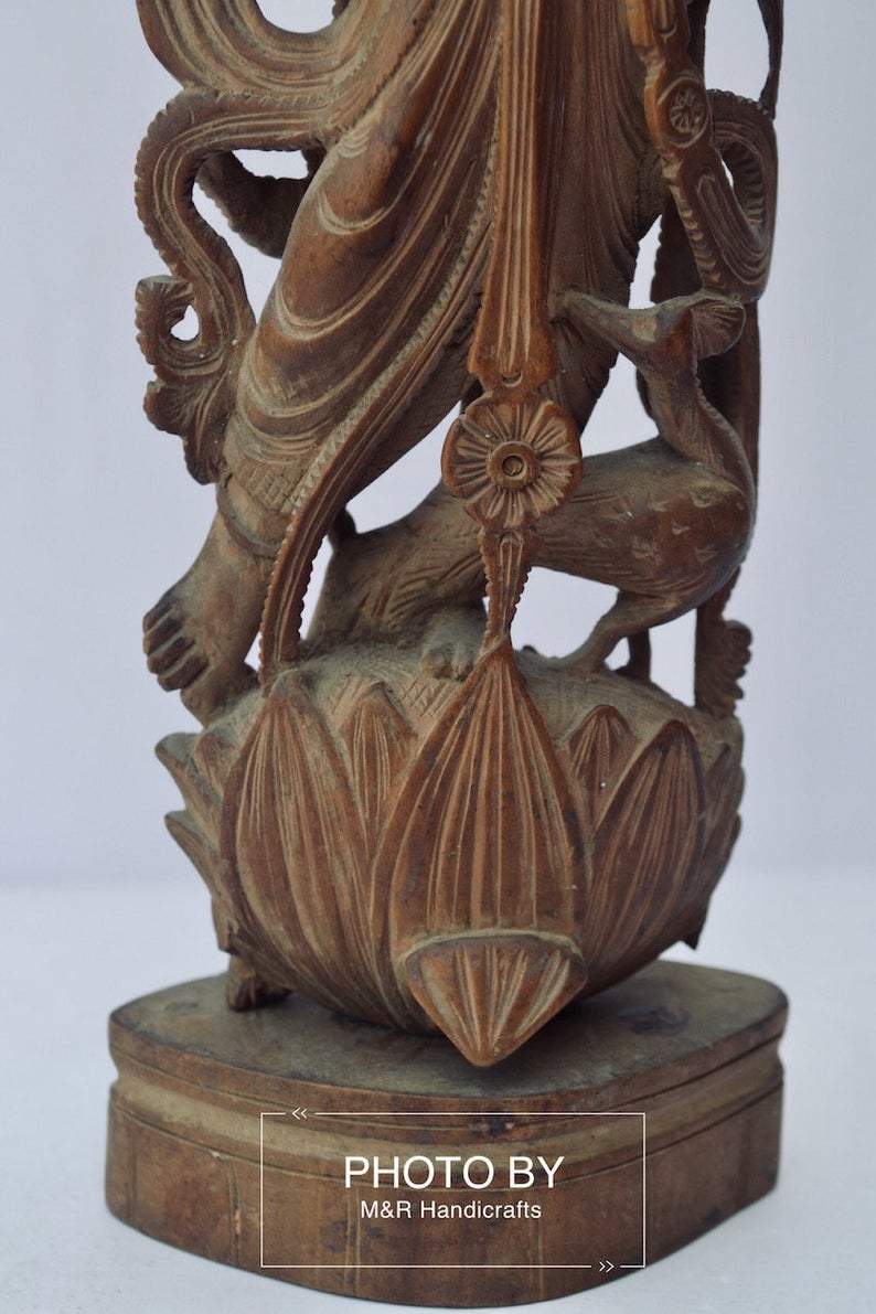 Vintage Sandalwood Carved Rare Goddess Saraswati Statue - Malji Arts