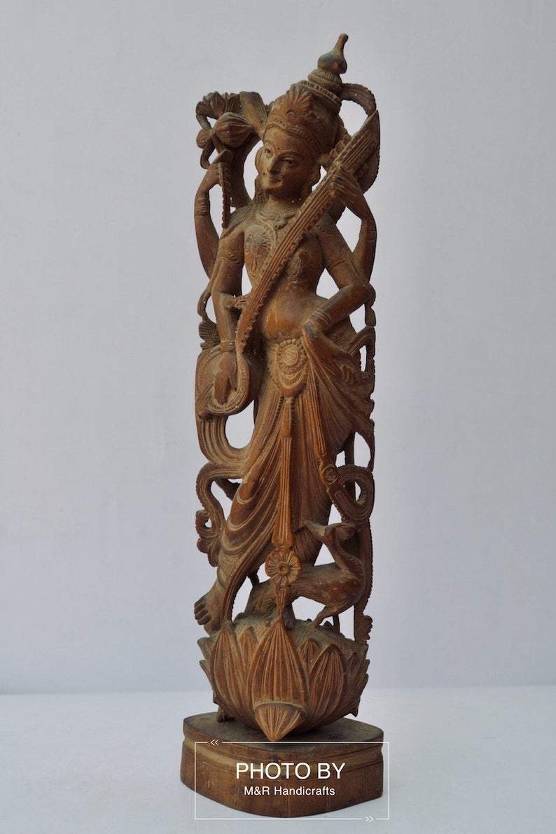 Vintage Sandalwood Carved Rare Goddess Saraswati Statue - Malji Arts