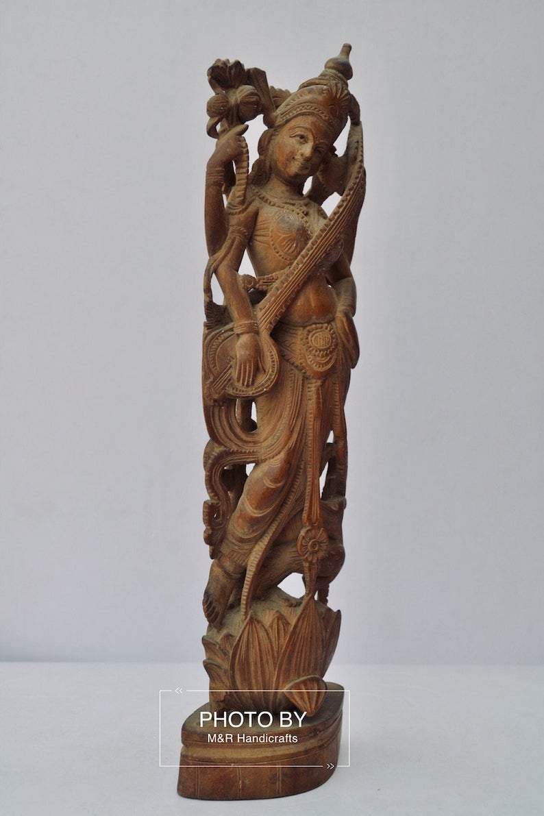 Vintage Sandalwood Carved Rare Goddess Saraswati Statue - Malji Arts