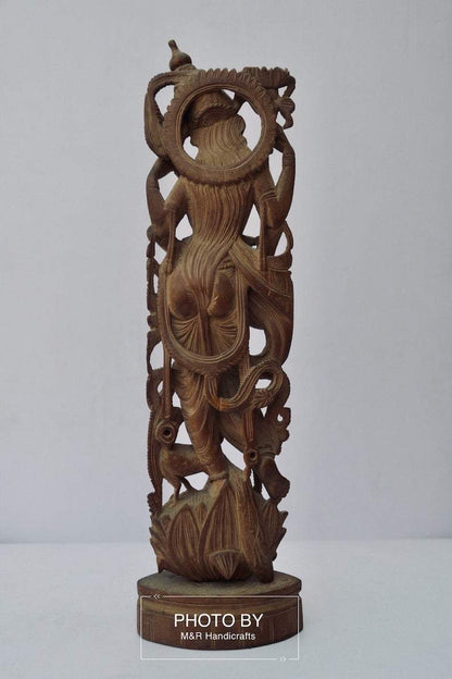 Vintage Sandalwood Carved Rare Goddess Saraswati Statue - Malji Arts