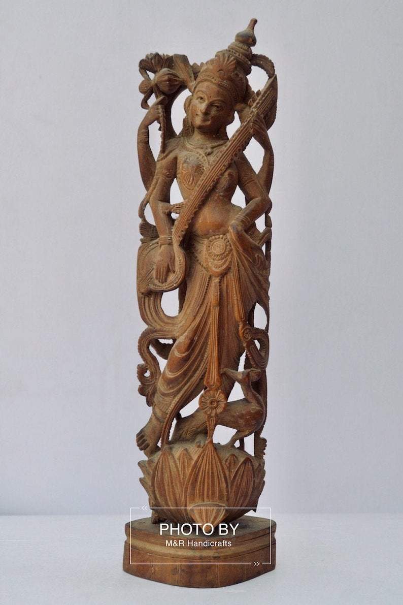 Vintage Sandalwood Carved Rare Goddess Saraswati Statue - Malji Arts