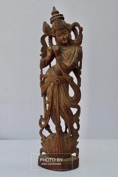 Vintage Sandalwood Carved Rare Lord Krishna Statue - Malji Arts