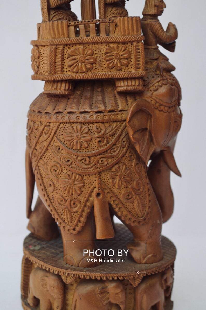 Vintage Sandalwood Fine Carved Royal Elephant Ambabari Statue - Malji Arts