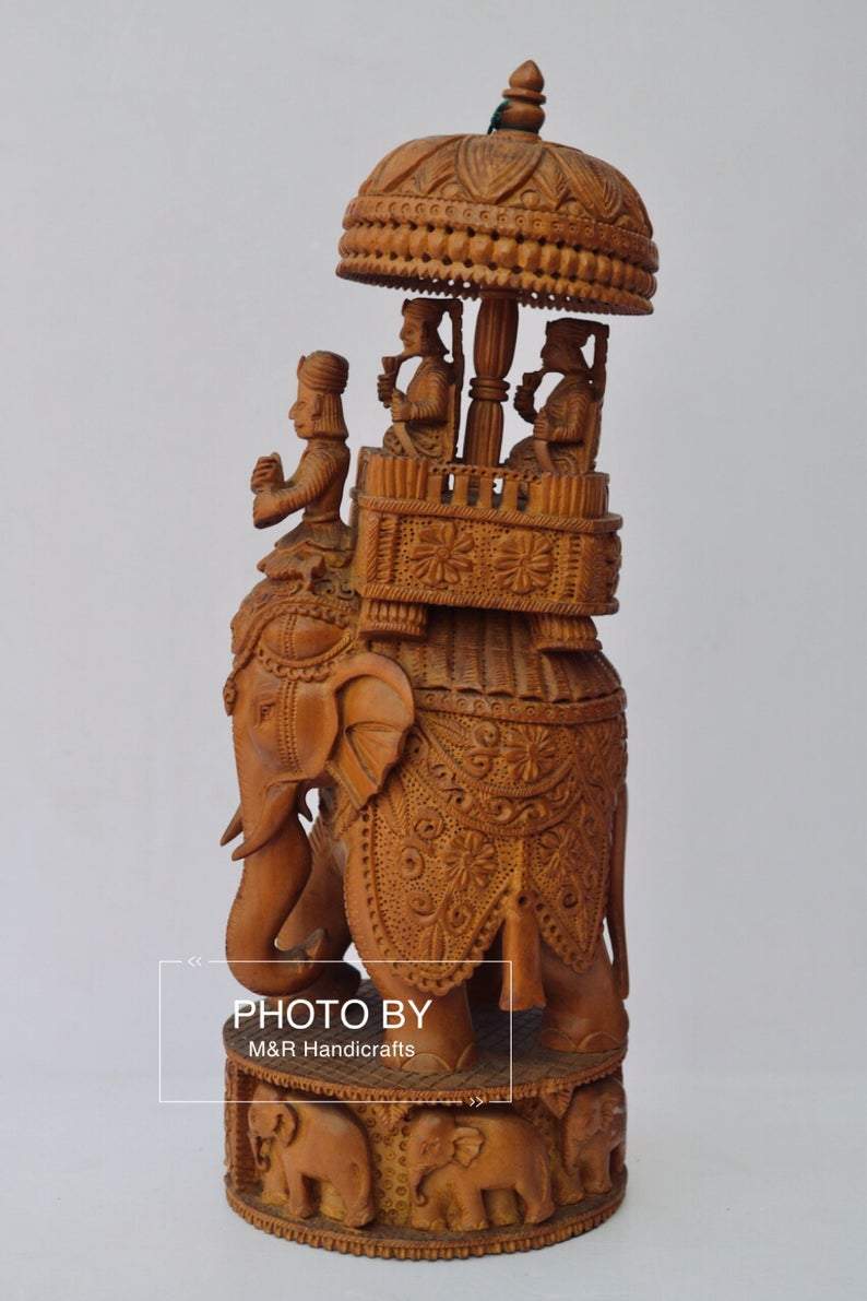 Vintage Sandalwood Fine Carved Royal Elephant Ambabari Statue - Malji Arts