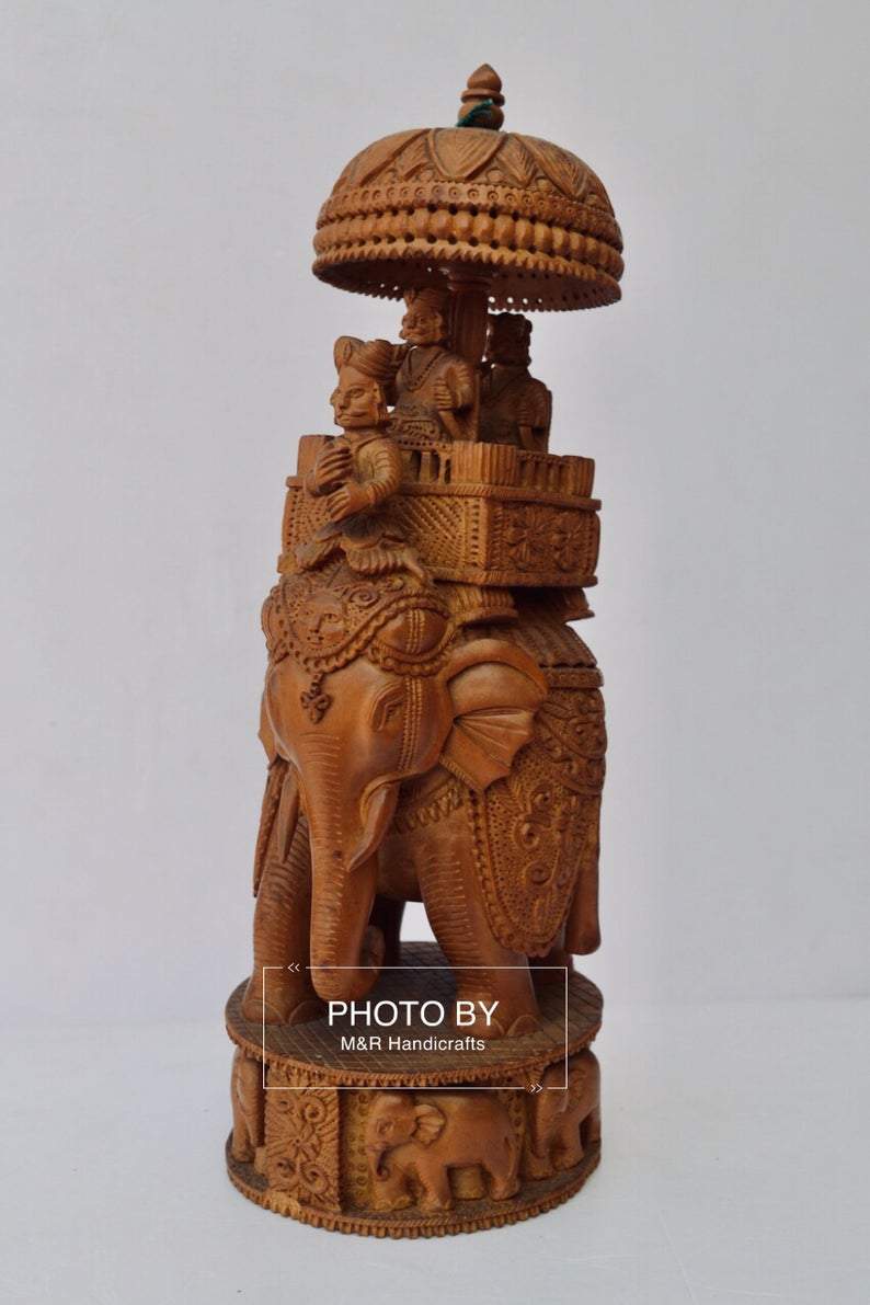 Vintage Sandalwood Fine Carved Royal Elephant Ambabari Statue - Malji Arts