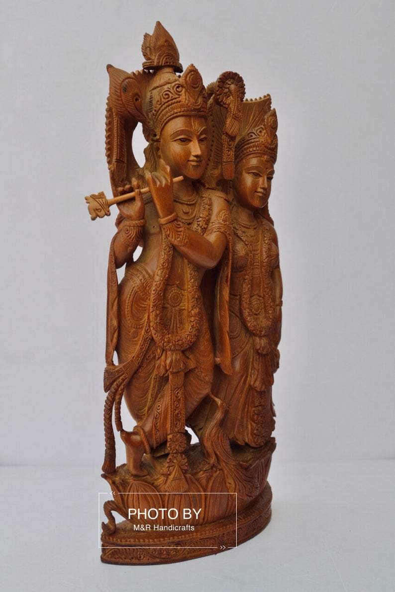 Vintage Sandalwood Beautifully Carved Radha Krishna Statue - Malji Arts