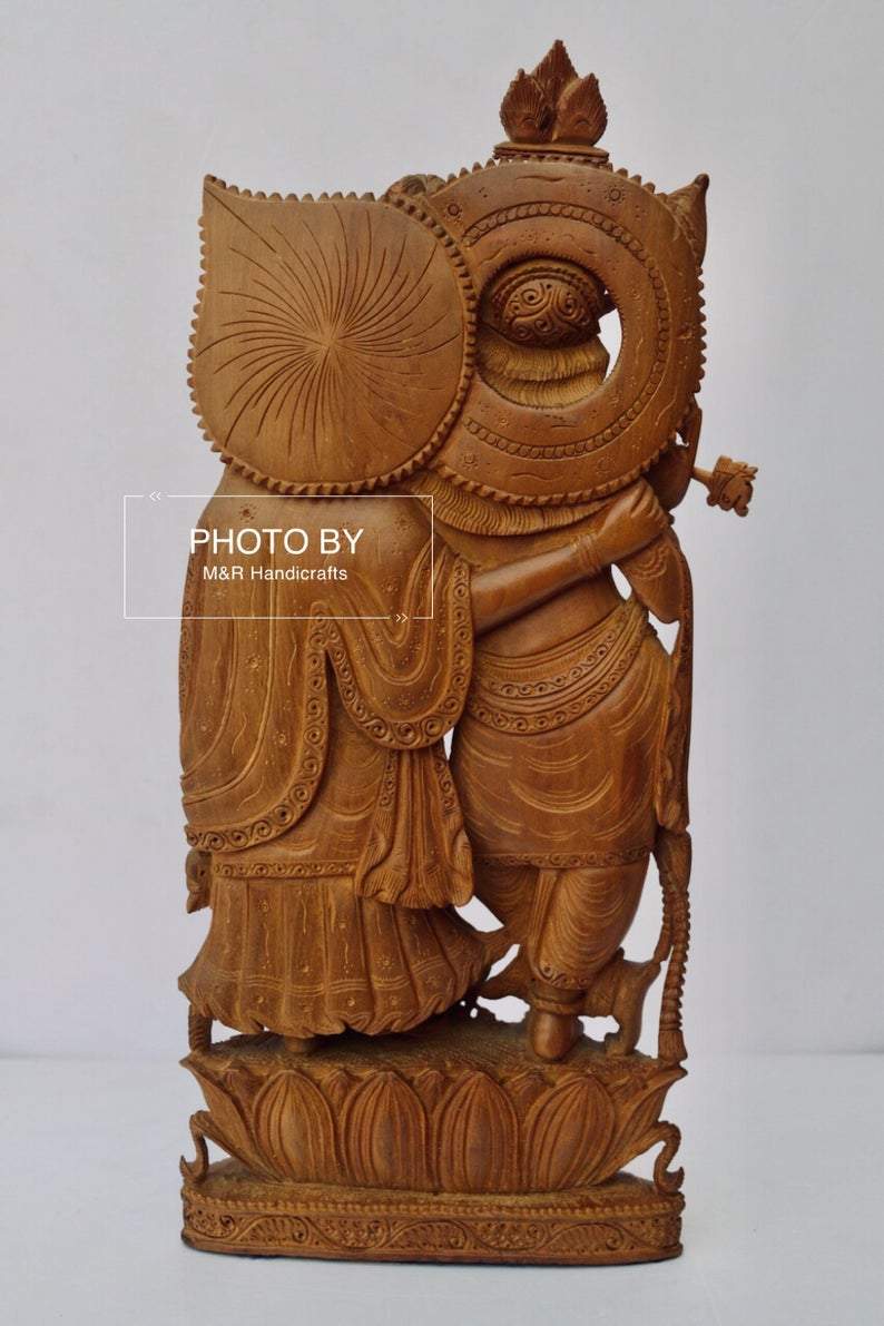 Vintage Sandalwood Beautifully Carved Radha Krishna Statue - Malji Arts