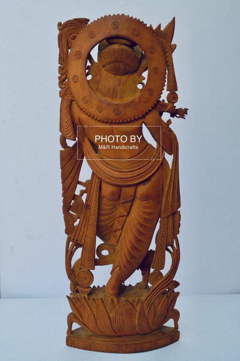 Vintage Sandalwood Carved Lord Krishna statue - Malji Arts