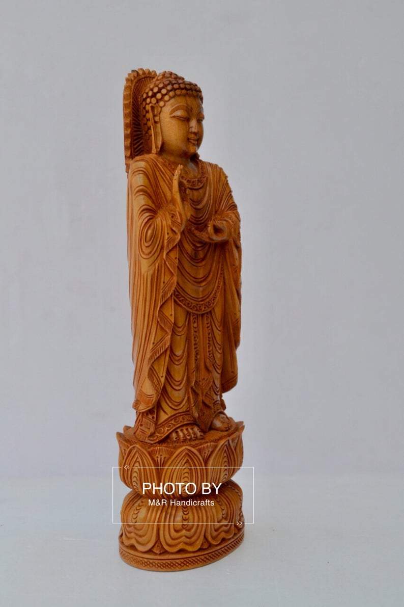 Sandalwood Round Carving Buddha Statue - Malji Arts