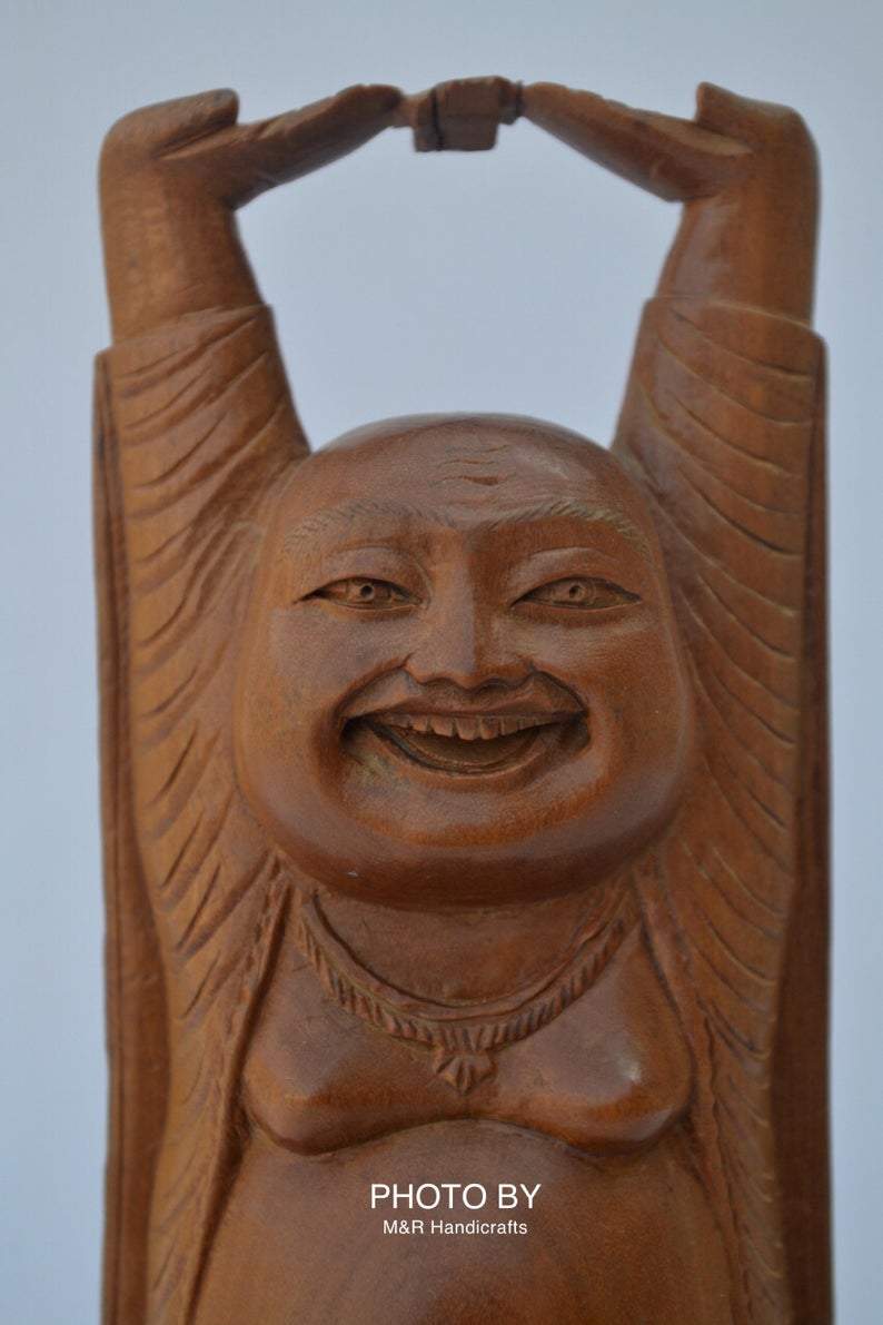 Vintage Sandalwood Carved Happy Man Laughing Buddha Statue - Malji Arts