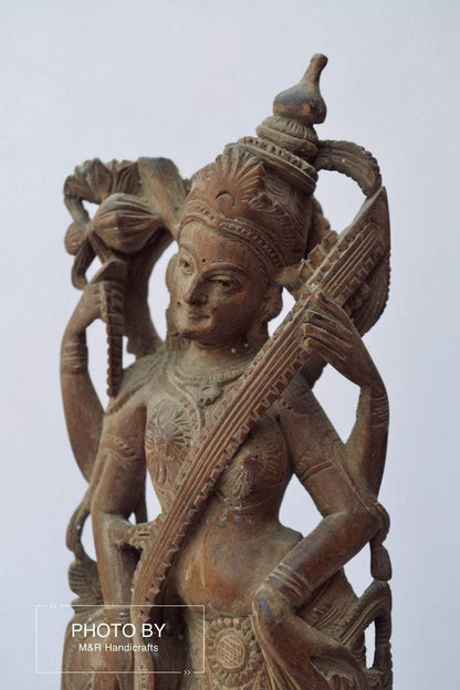 Vintage Sandalwood Carved Rare Goddess Saraswati Statue - Malji Arts