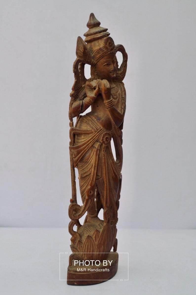 Vintage Sandalwood Carved Rare Lord Krishna Statue - Malji Arts