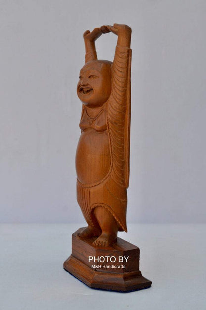 Vintage Sandalwood Carved Happy Man Laughing Buddha Statue - Malji Arts